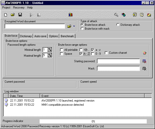 Advanced Word 2000 Password Recovery Screenshot